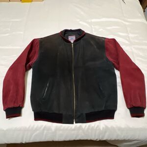 90s VTG SUEDE COLORBLOCK Jacket Bomber Varsity L Rust Red Brown Black